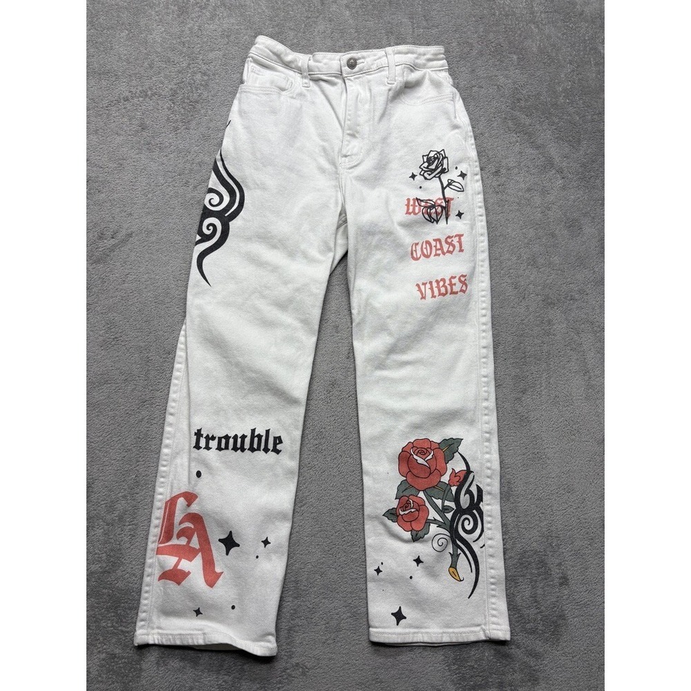 Hollister Jeans 5 White Denim Dad High Rise Graffiti Print Floral Measured 27x26